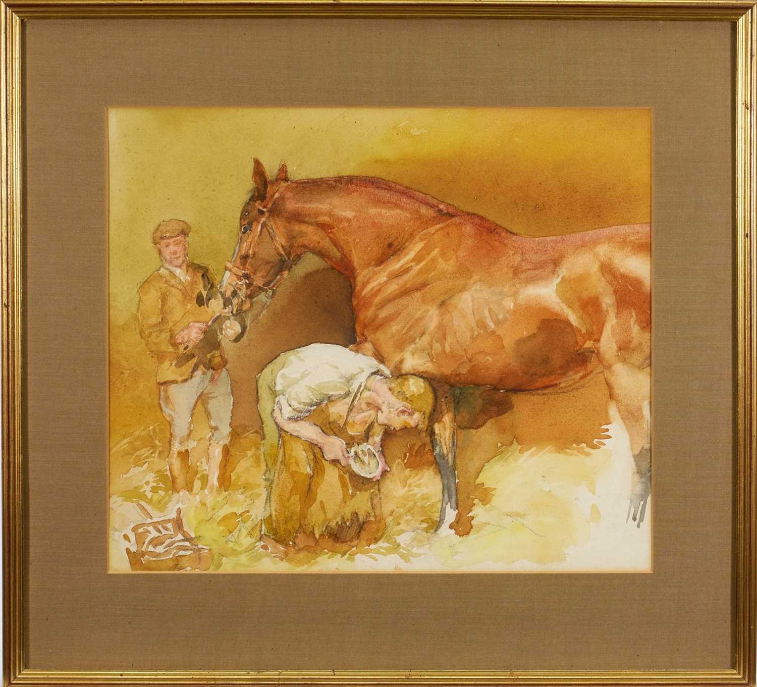 Lot 1021 - *Lucy Kemp-Welch (1869-1958) watercolour - The Blacksmith, 34cm x 39cm, in glazed gilt frame. Provenance: David Messum Literature: illustrated in 'The Life and Work of Lucy Kemp We...