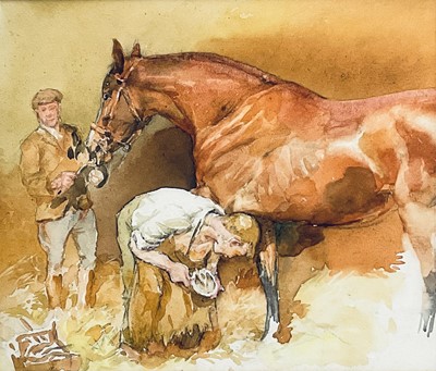 Lot 1021 - *Lucy Kemp-Welch (1869-1958) watercolour - The Blacksmith, 34cm x 39cm, in glazed gilt frame. Provenance: David Messum Literature: illustrated in 'The Life and Work of Lucy Kemp We...