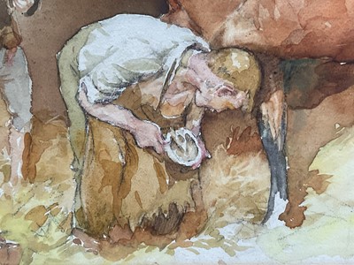 Lot 1021 - *Lucy Kemp-Welch (1869-1958) watercolour - The Blacksmith, 34cm x 39cm, in glazed gilt frame. Provenance: David Messum Literature: illustrated in 'The Life and Work of Lucy Kemp We...