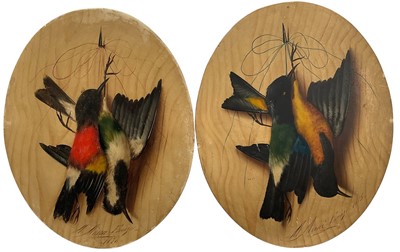 Lot 1098 - Michaelangelo Meucci (1840-1909) pair of oils on board - Songbirds, signed, dated 1875 and 1876, inscribed Ferenzi, 29cm x 24cm unframed