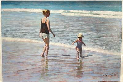 Lot 184 - Peter Z. Phillips, oil on canvas - Mother and child paddling in the sea on a summers day, signed, unframed, 35 x 46cm.