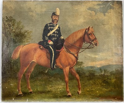 Lot 1097 - English School 19th century, oil on canvas, A guardsman seated on a chestnut horse in a landscape, 50cm x 60cm, unframed