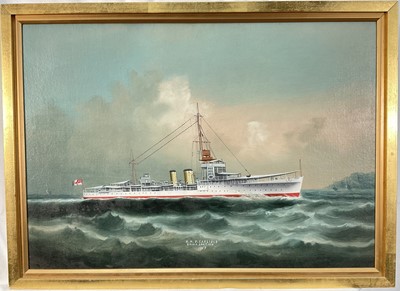 Lot 1101 - Chinese School, oil on canvas - 'H.M.S. Carlisle, China Station 1919', 39cm x 55cm, gilt frame