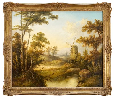 Lot 1102 - English School 19th century, oil on canvas - A wooded river landscape with a windmill in the foreground, 50cm x 60cm, gilt frame
