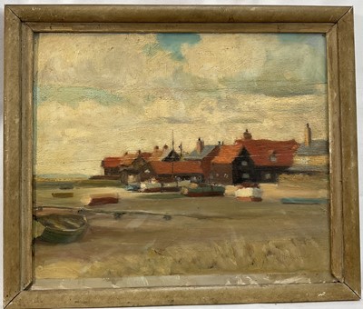 Lot 1095 - Fid Harnack, oil on board - A view of the far end of Coast Road, West Mersea, signed. 10 x 12cm.