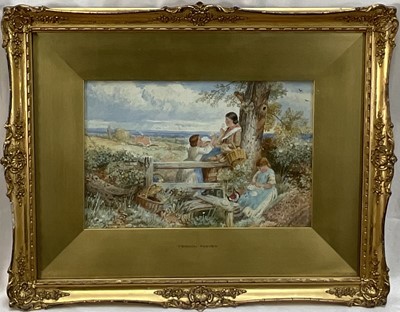 Lot 1096 - Vernon Foster (act.1880-1920) watercolour, A Picnic in the countryside, signed, 19cm x 29cm, behind glass in gilt frame