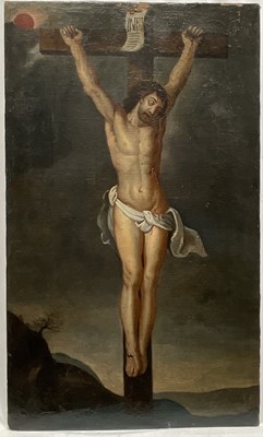 Lot 1114 - Flemish School, early 18th century, oil on canvas, laid on panel - The Crucifixion of Christ, unframed, 79cm x 47cm