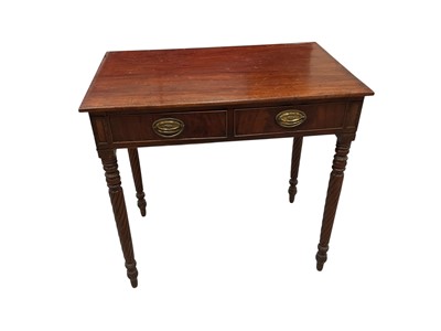 Lot 1431 - Regency mahogany two drawer side table, raised on barley twist legs and spool feet, 80cm wide x 51cm deep x 77cm high