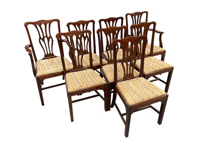 Lot 1433 - Set of eight George III style mahogany dining chairs, each with pierced vase splat and slip in seat on square supports