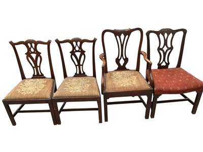 Lot 1434 - George III carved mahogany side chair in the manner of Chippendale, with pierced splat and serpentine seat on square channel carved legs, together with a set of three similar carved Georgian din...