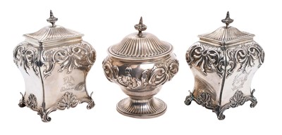 Lot 244 - Pair George III silver tea caddies of bombe form, and a matching sugar vase.