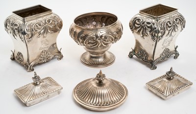 Lot 244 - Pair George III silver tea caddies of bombe form, and a matching sugar vase.