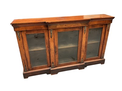 Lot 1438 - Victorian walnut and marquetry inlaid breakfront credenza, enclosed by three glazed drawers on plinth base, 171cm wide x 33cm x 106cm high