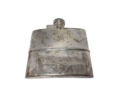 Lot 247 - 1940s silver spirit flask of shaped form, with engraved initials and hinged bayonet fitting cap