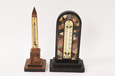 Lot 714 - Victorian Tunbridge ware desk thermometer with ivory plate, 20cm high, together with an inlaid specimen stone desk thermometer with ivory plate inscribed 'Walker Museum, Matlock Bath', 19.25cm h...