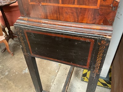 Lot 1432 - Good William & Mary walnut oyster veneered, specimen wood and green stained ivory marquetry inlaid cabinet on later stand, with cushion frieze drawer and fitted interior of drawers about centr...