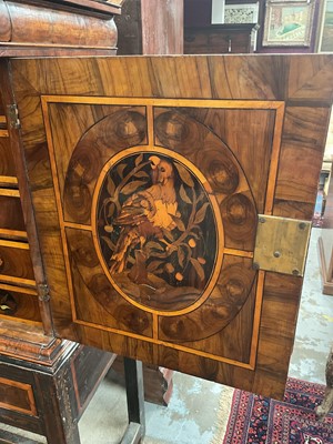 Lot 1432 - Good William & Mary walnut oyster veneered, specimen wood and green stained ivory marquetry inlaid cabinet on later stand, with cushion frieze drawer and fitted interior of drawers about centr...