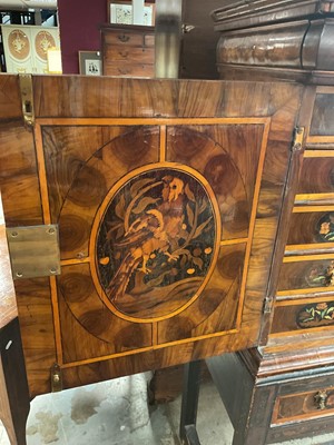 Lot 1432 - Good William & Mary walnut oyster veneered, specimen wood and green stained ivory marquetry inlaid cabinet on later stand, with cushion frieze drawer and fitted interior of drawers about centr...