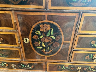 Lot 1432 - Good William & Mary walnut oyster veneered, specimen wood and green stained ivory marquetry inlaid cabinet on later stand, with cushion frieze drawer and fitted interior of drawers about centr...