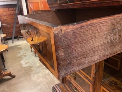 Lot 1432 - Good William & Mary walnut oyster veneered, specimen wood and green stained ivory marquetry inlaid cabinet on later stand, with cushion frieze drawer and fitted interior of drawers about centr...