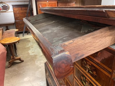 Lot 1432 - Good William & Mary walnut oyster veneered, specimen wood and green stained ivory marquetry inlaid cabinet on later stand, with cushion frieze drawer and fitted interior of drawers about centr...