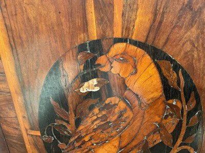 Lot 1432 - Good William & Mary walnut oyster veneered, specimen wood and green stained ivory marquetry inlaid cabinet on later stand, with cushion frieze drawer and fitted interior of drawers about centr...