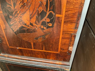 Lot 1432 - Good William & Mary walnut oyster veneered, specimen wood and green stained ivory marquetry inlaid cabinet on later stand, with cushion frieze drawer and fitted interior of drawers about centr...