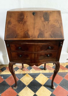 Lot 1446 - Unusual early 20th century yewwood barrel back bureau, with hinged front enclosing fitted interior and two drawers below on slender cabriole legs and pad feet, 50cm wide x 40cm deep x 91cm high<...