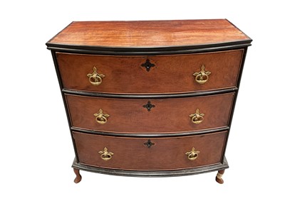 Lot 1451 - 19th century Anglo-Indian padouk and ebony bowfront chest, with three graduated drawers, each with substantial brass drop handles, on cabriole legs, 94cm wide x 49cm deep x 94cm high