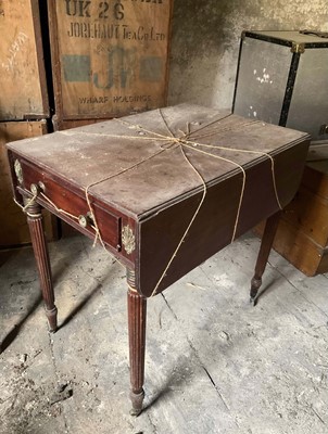 Lot 1454 - Regency mahogany and ormolu mounted Pembroke table, with end frieze drawer and opposing dummy drawer raised on square tapered legs and castors, 76cm wide x 52cm deep x 72cm high