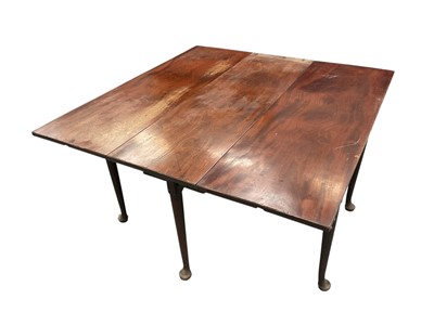 Lot 1455 - George II mahogany dining table, with rectangular drop leaf top on tapered legs and pad feet, 122 x 128cm