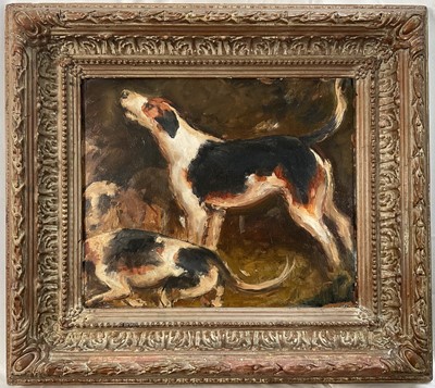 Lot 981 - English School, oil on panel - Foxhounds, 25.5cm x 30cm, in gilt frame