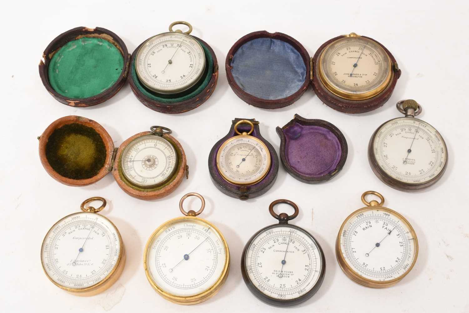 Lot 713 - Nine antique pocket barometers, various makers, including Victorian examples, some in leather cases