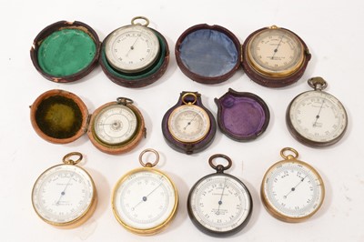 Lot 713 - Nine antique pocket barometers, various makers, including Victorian examples, some in leather cases