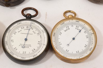 Lot 713 - Nine antique pocket barometers, various makers, including Victorian examples, some in leather cases