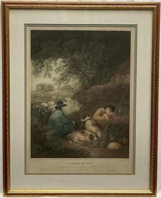 Lot 1081 - After George Morland, pair coloured stipple engravings, 'Shepherds Reposing' and 'Weary Sportsman', by W. Bond, pub. 1801, 70cm x 56cm, glazed frames (2)
