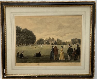 Lot 1084 - 19th century engraving 'Rugby New Big Side Cricket', after J. Brook, by F. Aynter, signed by both, pub. 1889, 60cm x 72cm, glazed frame
