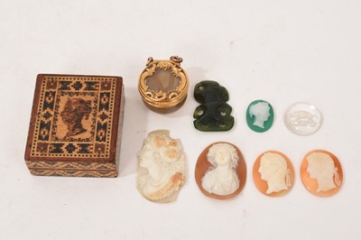 Lot 707 - Good quality agate and gilt metal mounted box, 2.5cm wide, together with, Māori hardstone Tiki carving, collection of shell relief carved cameos