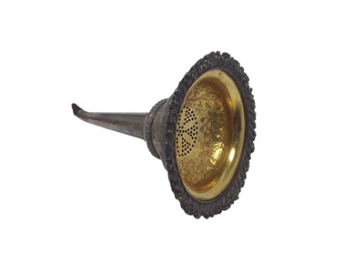 Lot 253 - Victorian silver plated wine funnel with floral decoration, gilt bowl and suspension hook