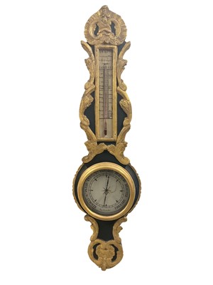 Lot 597 - 19th century continental carved and painted gilt wood and gesso barometer with dial and readings inscribed in French, 97cm high