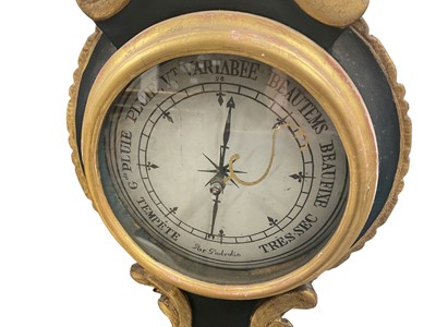 Lot 597 - 19th century continental carved and painted gilt wood and gesso barometer with dial and readings inscribed in French, 97cm high