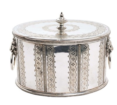 Lot 262 - Large Victorian silver plated biscuit box of oval form, with bright cut decoration