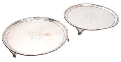 Lot 269 - Pair George III silver waiters of circular form with engraved armorial shields and bead borders