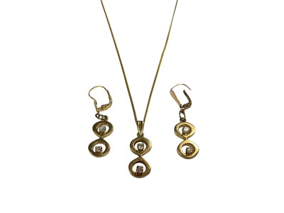 Lot 84 - 14ct gold diamond set figure of eight pendant on 9ct gold chain and pair of matching 14ct gold earrings with 9ct gold fittings