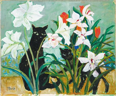 Lot 1024 - *John Pawle (1915-2010) gouache on card - The Artist's Cat among Lilies, cm x cm, unframed