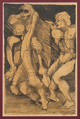 Lot 1025 - *Dame Elisabeth Frink (1930-1993) unique lithograph, Untitled, figures, signed and dated 1951, completed whilst at Chelsea Art College, gifted to a fellow student, 43cm x 28cm, glazed gilt frame