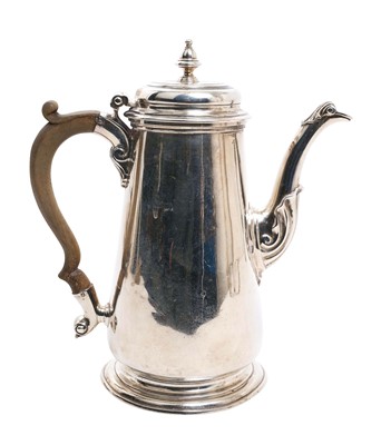 Lot 272 - George II silver coffee pot of baluster form, with hinged domed cover and fruitwood handle
