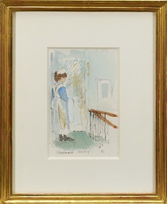 Lot 1017 - *Sir Hugh Casson (1910-1999) watercolour - Housemaid Waiting, initialled and inscribed, 14cm x 9cm, in glazed gilt frame. Provenance: Waterman Fine Art Ltd., St James's, April 1993. Thompso...