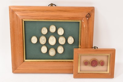 Lot 776 - Two framed sets of 19th Grand Tour cameos, 14 in total, the largest 3cm high, in glazed box frames