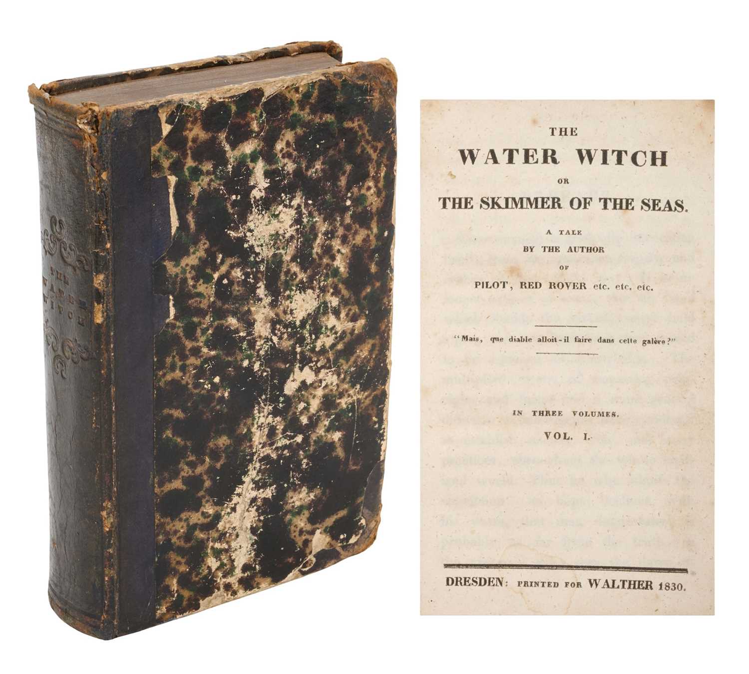 Lot 754 - James Fenimore Cooper - The Water Witch or the Skimmer of the Seas, very rare first edition published Dresden 1830, three volumes bound in one, marbled board ends with tooled spine, 17 x 11cm